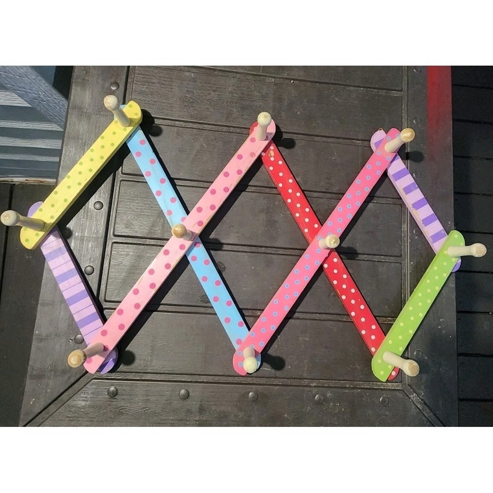 Vintage Painted Wood Expandable 10 Peg Wall Hanging Accordian Rack, Pastels